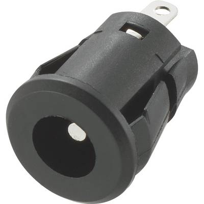 Black and grey plastic round connector for electrical connections, front view.
