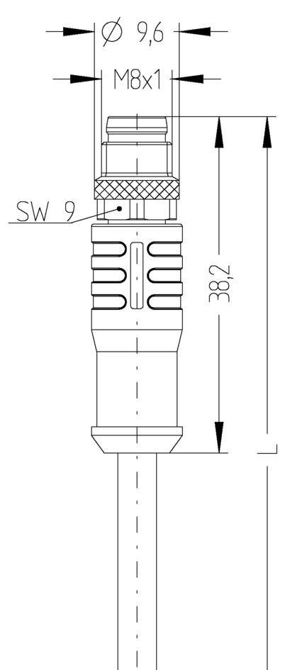 Technical drawing of a cylindrical plug with the following dimensions: diameter 9.6 mm, thread M8x1, spanner size 9, total length 382 mm.