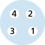 Four numbered circles in a blue circle: top left '4', top right '2', bottom left '3', bottom right '1'.