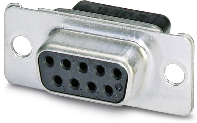 A D-sub plug with a metal plate and nine round connectors.