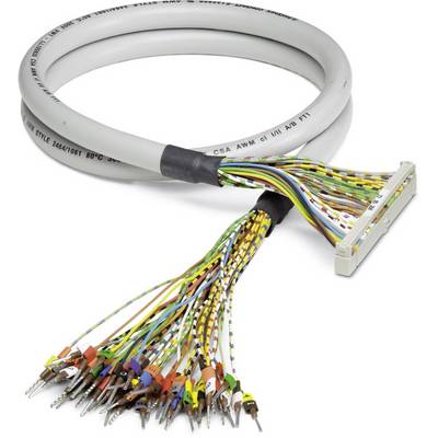 A grey cable bundle is attached to a rectangular plug with multiple coloured conductors, carrying different cable ends.