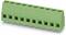 Green connector block with ten terminal clamps, suitable for electrical wiring and PCB mounting.