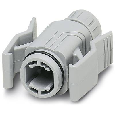 Grey plastic cable connector housing with side retaining clips and cylindrical body.