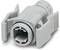 Grey plastic cable connector housing with side retaining clips and cylindrical body.