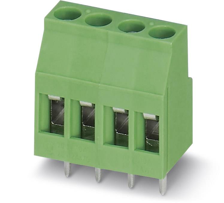Green, three-pin plug connector with metal pins on the underside, used for connecting electrical cables.