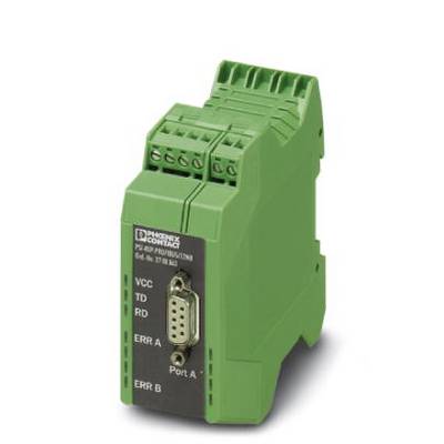 A green electronic device with multiple ports and a serial interface. 'Phoenix Contact' brand name visible.