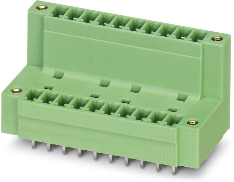 Green electrical connector with two rows of slots, suitable for connecting multiple cables in a circuit.