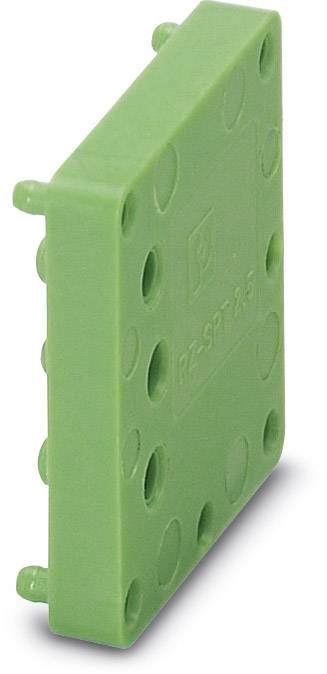 Green plastic component with circular and rectangular embossing on its sides, likely a connector or cover element for industrial applications.