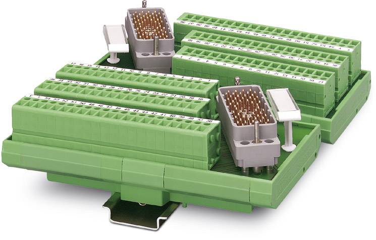 A green electrical connection module with multiple terminal rows and two slots with metal contacts.