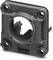 Black plastic holder with a central, round cutout and four mounting holes. Suitable for electrical components.