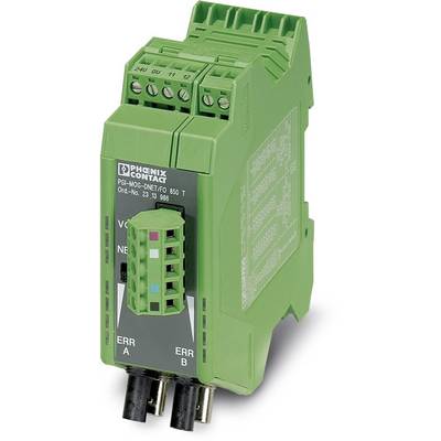 Green electric device, rectangular, with various plug connections and indicator lights on the front, manufactured by Phoenix Contact.