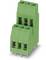 Green connector with two double-storey blocks, each with three slots, suitable for electrical applications.