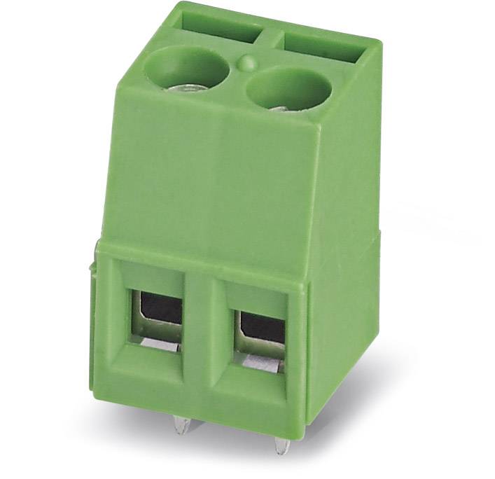 Green two-pole connector, suitable for electrical circuits, with two terminal blocks and two metal pins for mounting.