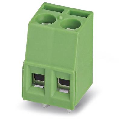 Green two-pole connector, suitable for electrical circuits, with two terminal blocks and two metal pins for mounting.