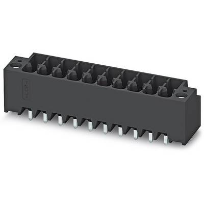 Black electrical multi-pin connector with metal pins, suitable for printed circuit board mounting.