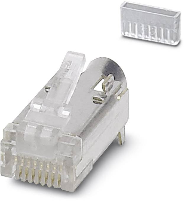 An RJ45 plug with a metal housing and corresponding dust cover, used for network connections in computer networks.