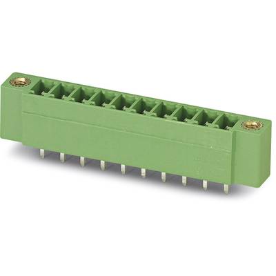Green electrical connector with multiple pins for connecting electrical circuits.