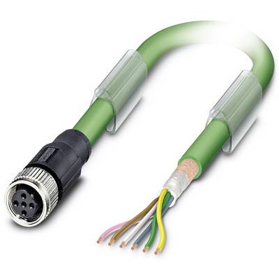 An open, green cable with a metal plug tip and exposed coloured wires.