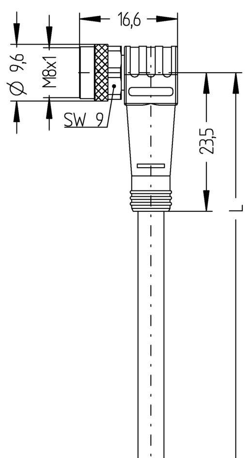 Technical drawing of a hose with specific dimensions in millimetres: Ø 9.6, M8x1, SW 9, length 235.