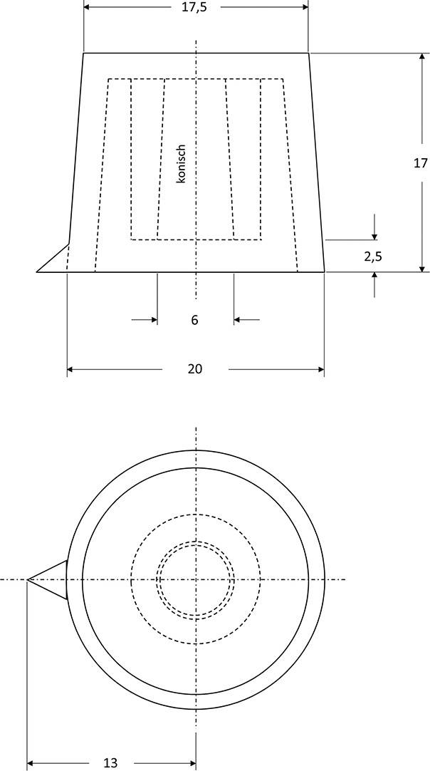 Technical drawing of a conical container with specific dimensions: height 17 cm, diameter at top 17.5 cm, at bottom 20 cm.