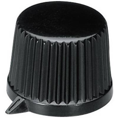 Black, ribbed rotary knob, conically shaped, with small pointer marking at the base.