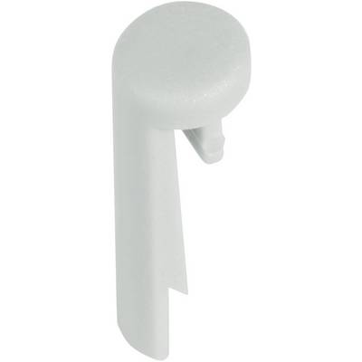A white, curved plastic object with a round top surface and a short, inward-protruding hook beneath it.