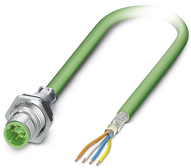 Green network cable with metal connector on one end and exposed, colour-coded wires on the other end.