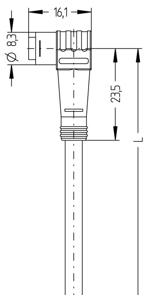 Technical drawing of a plug with cable. Dimensions: Length 235 mm, Diameter 8.3 mm, upper width 16.1 mm.