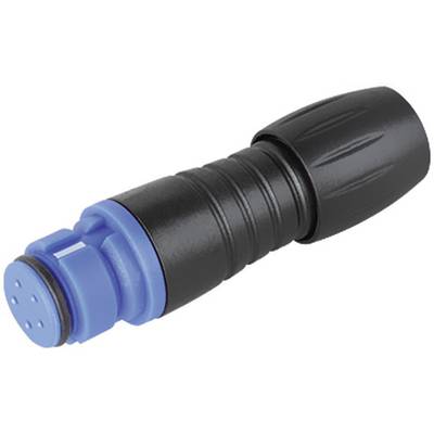 Black and blue waterproof connector with ribbed surface, suitable for cable connections in damp environments.