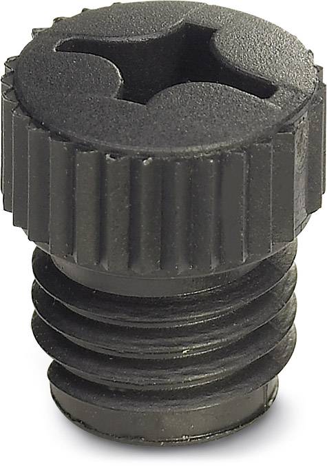 A black plastic screw with a knurled head and cross-head slot. It is suitable for manual operation without tools.