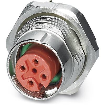 Close-up of a round, multi-pin plug with a red insert, used for connections in electronic devices.