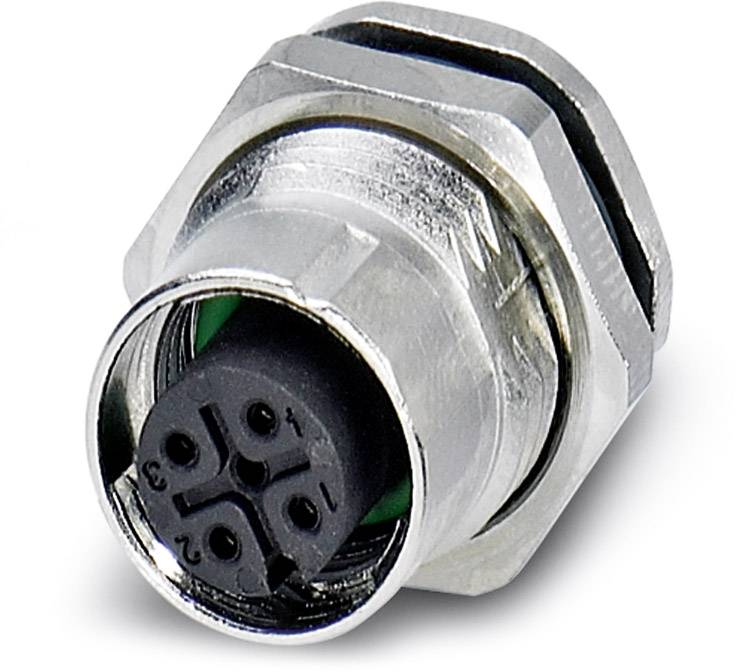 Metallic, industrial multi-pin connector with circular pin arrangement, suitable for industrial applications.