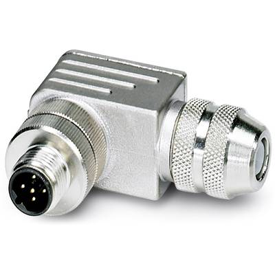 A silver right-angled electrical connector with a knurled grip and multiple socket outlets for electrical connection.