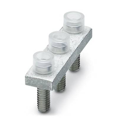 Metal terminal block with three transparent plastic covers and two mounting screws.