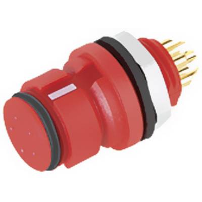 A red, cylindrical connector with multiple golden contacts and a black O-ring, suitable for electrical connections.