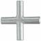 Silver metal cross-piece with four equal-length arms, symmetrically arranged; typical pipe coupling component.