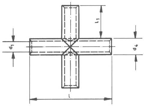 Technical drawing of a T-piece with four connections, labelled with length dimensions L, l1 and d1-d4.