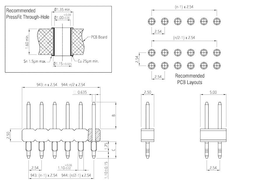 'Technical drawing of a plug with dimensions. Shows its structure, recommended PCB layouts, and hole spacing for mounting.'
