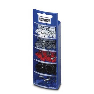 A blue box with five compartments, filled with electrical wire end ferrules in various colours: grey, red, blue, black and white.