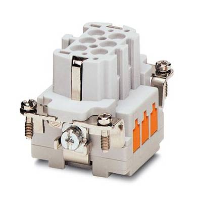 A white electrical connector with metal and orange plastic components, suitable for connecting multiple cables in a system.