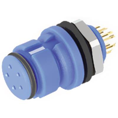 A blue round connector with multiple golden pins, suitable for electronic connections in technical devices.
