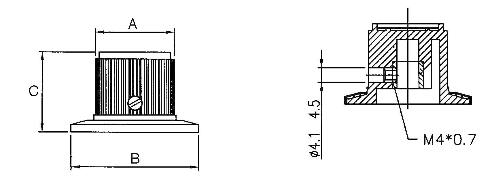 Technical drawing of a thread insert. Left: Dimensions A, B, C in a front view. Right: Cross-sectional view with M4*0.7 thread.