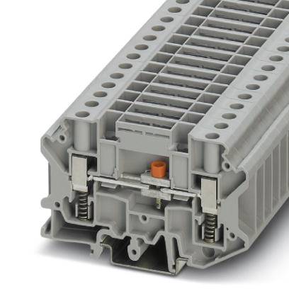 Grey terminal block for mounting on a DIN rail. Multiple connection points at the top; springs and clips for fastening at the bottom.