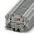 Grey terminal block for mounting on a DIN rail. Multiple connection points at the top; springs and clips for fastening at the bottom.