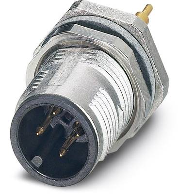 'Close-up of a metal plug with three copper pins, concentric grooves and a hexagonal nut, front view.'
