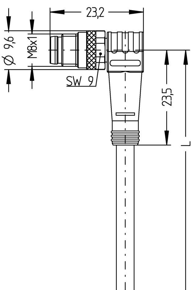 Technical drawing of a connector with the following dimensions: Diameter 9.6; Total length 23.2; Thread M8x1; Spanner width 9; Height 23.5.