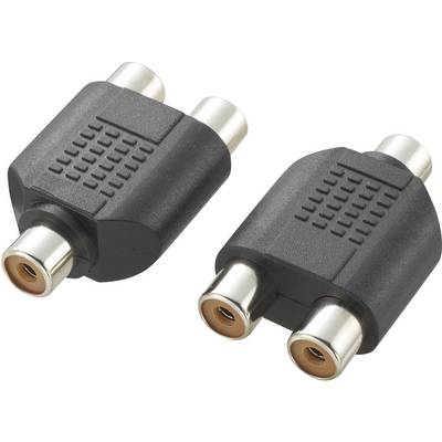 Two black RCA coupling adapters; converting male to female connections for audio and video connections.