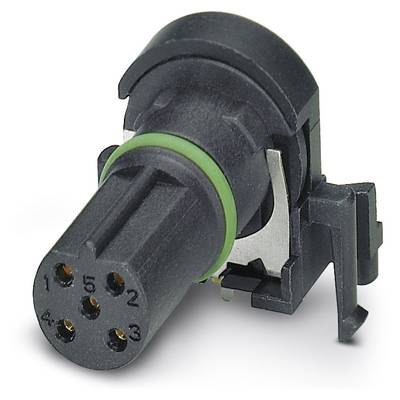 Black, round 5-pin connector with a green sealing ring, suitable for industrial applications and electrical connections.
