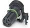 Black, round 5-pin connector with a green sealing ring, suitable for industrial applications and electrical connections.