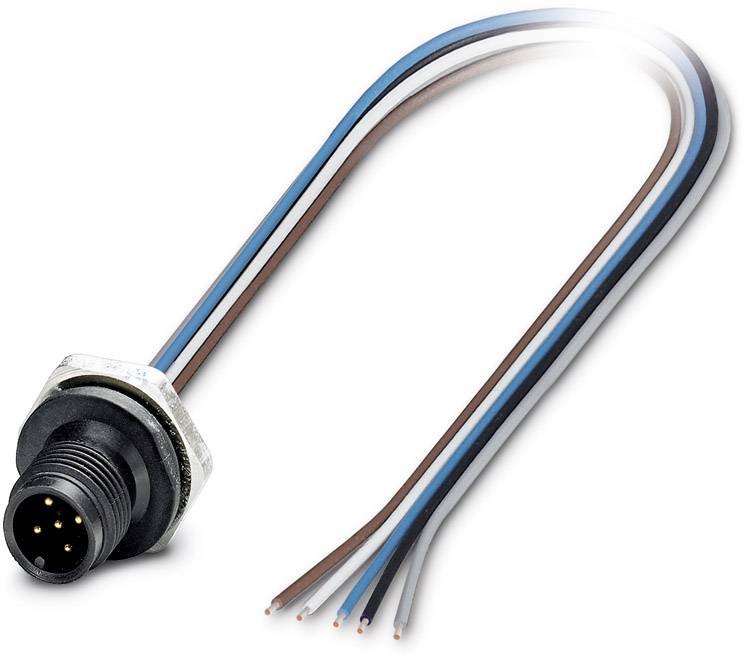 A black multi-pole cable plug with four coloured wires: brown, white, blue and grey, protruding from the rear.